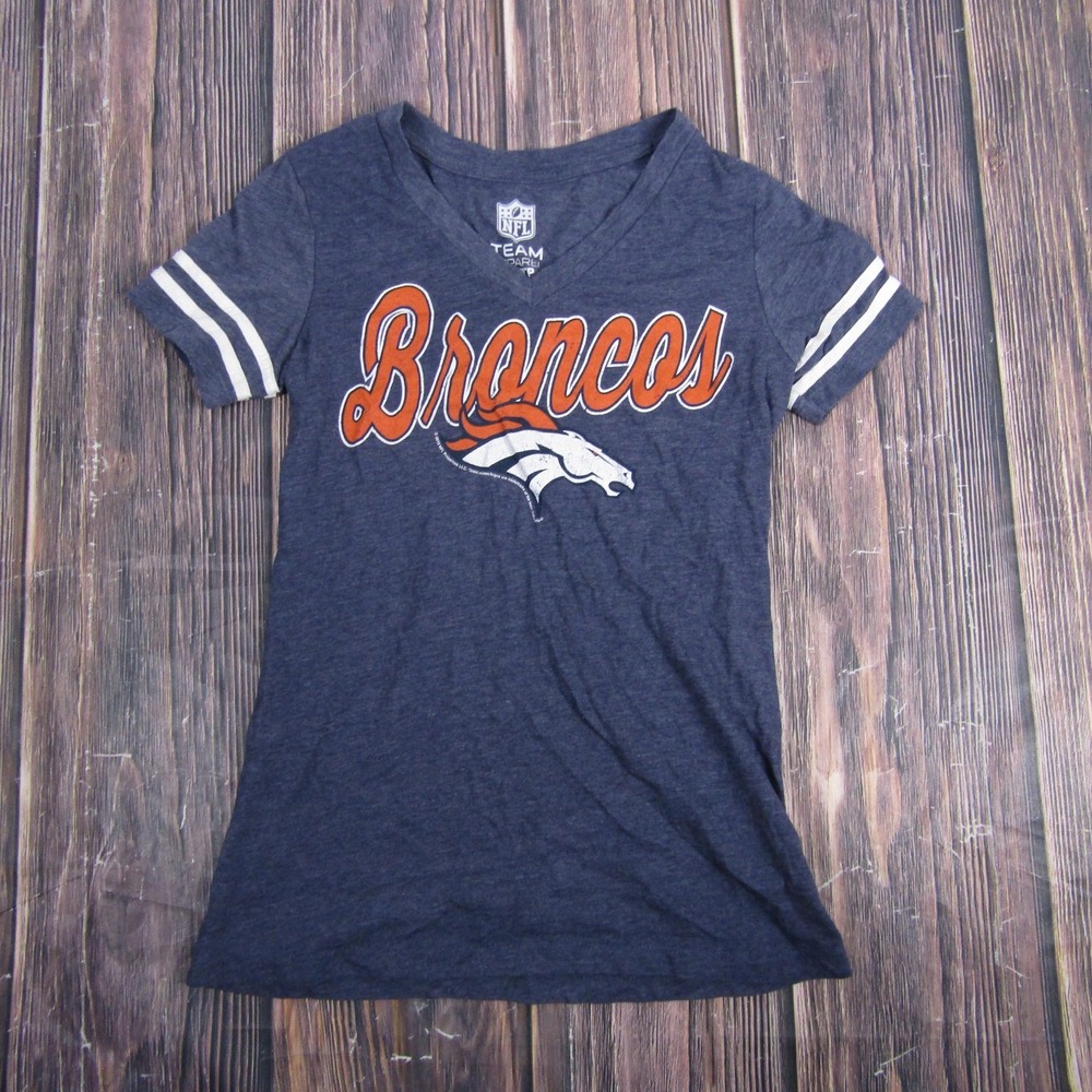 Denver Broncos Shirt Womens XS Blue NFL Football V Neck Striped Sleeves Tee